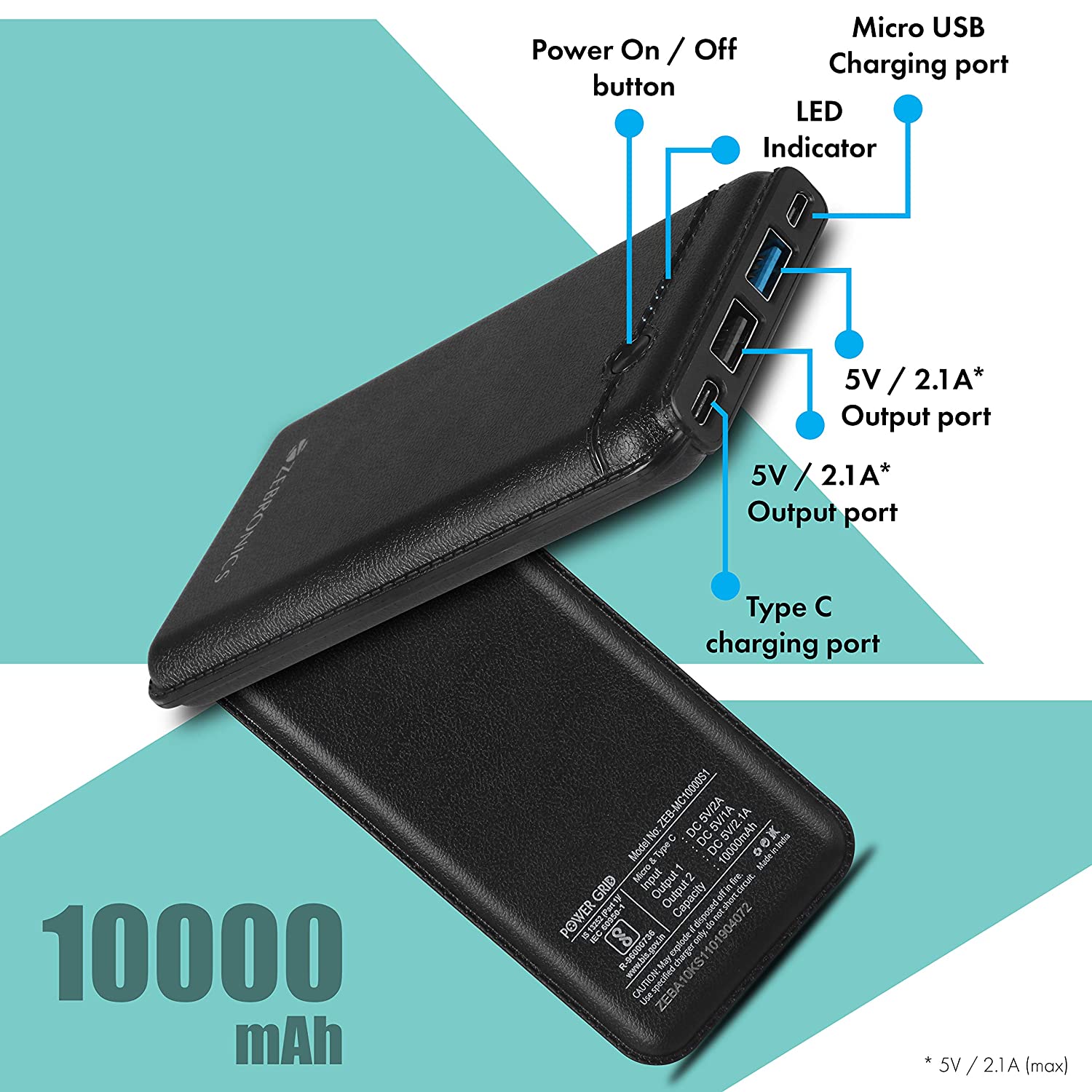 ZEBRONICS 10000 mAh Lithium Polymer Power Bank ZEB-MC10000S1, (Black)